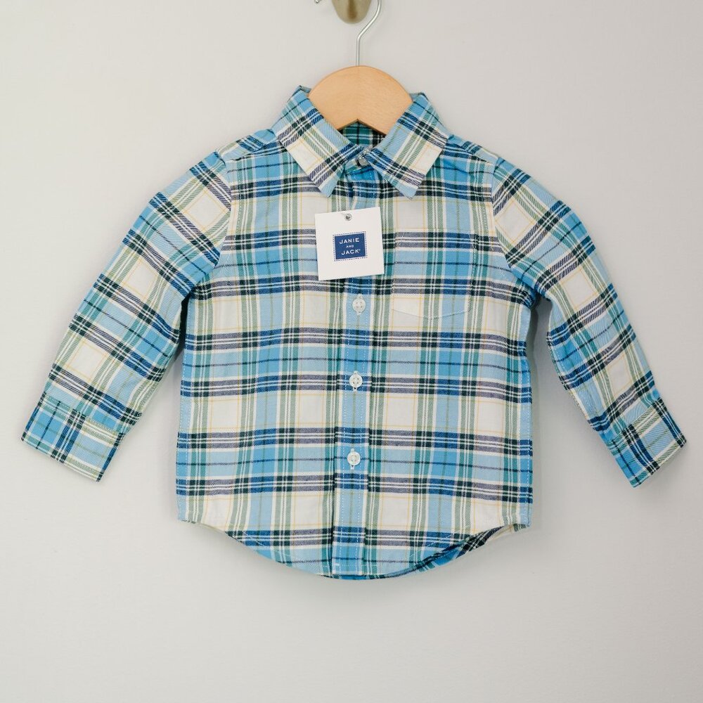 Janie and Jack Plaid Button Down Shirt 6–12 Months Blue Green Cotton NWT